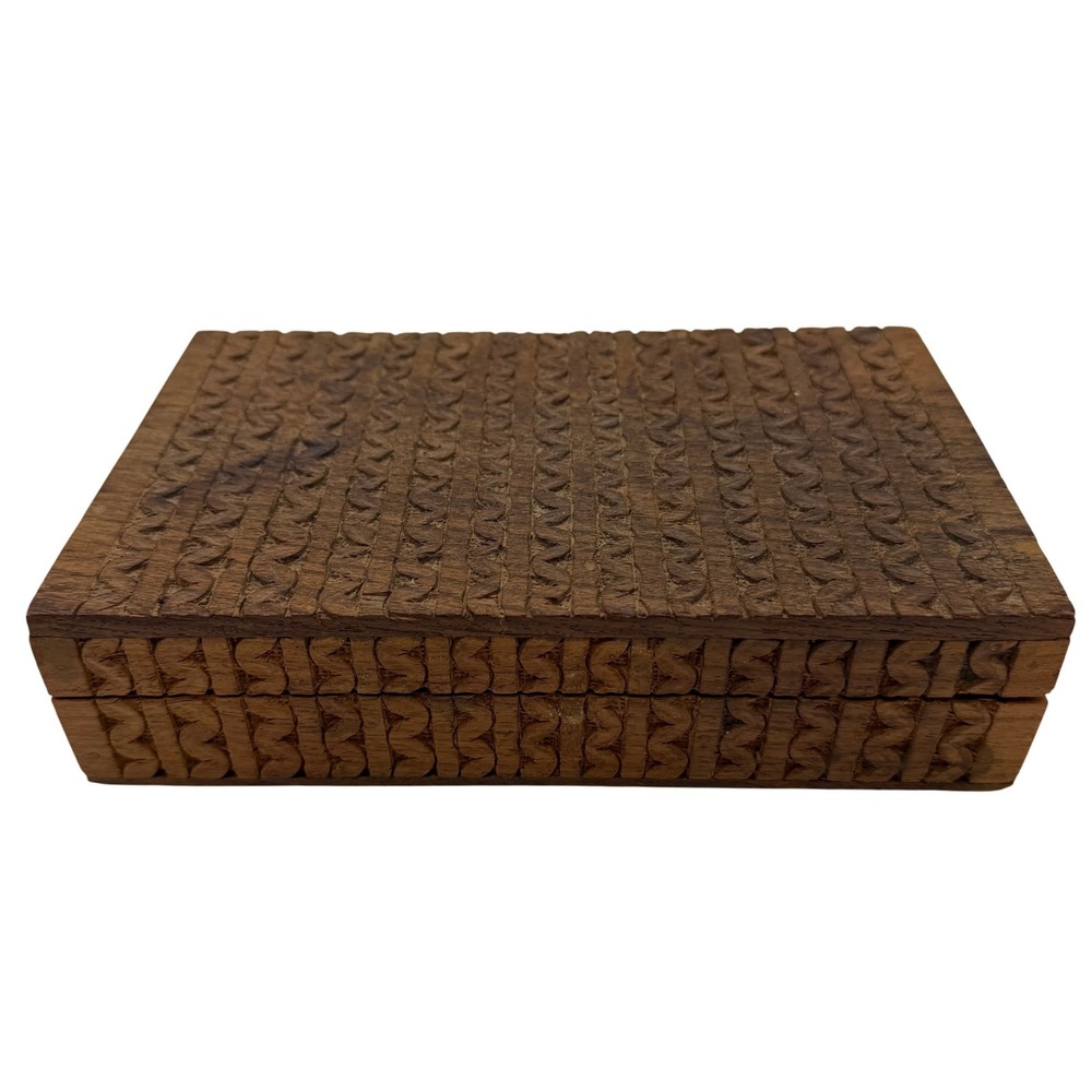 Hand Carved Wooden Trinket Box Intricate Geometric Pattern Keepsake Chest Brown